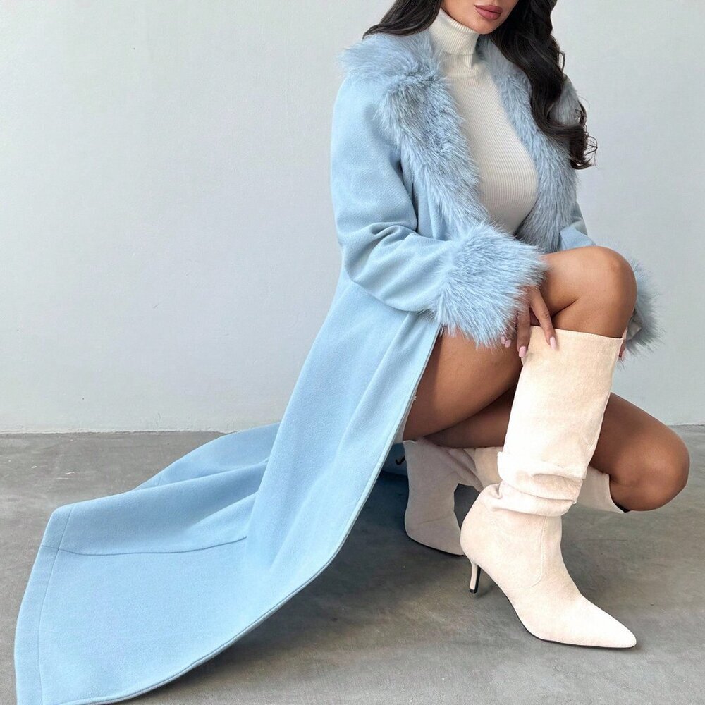 Baby Blue Elegant Women's Mid-Length Coat with Fur Collar - Picture 8 of 10